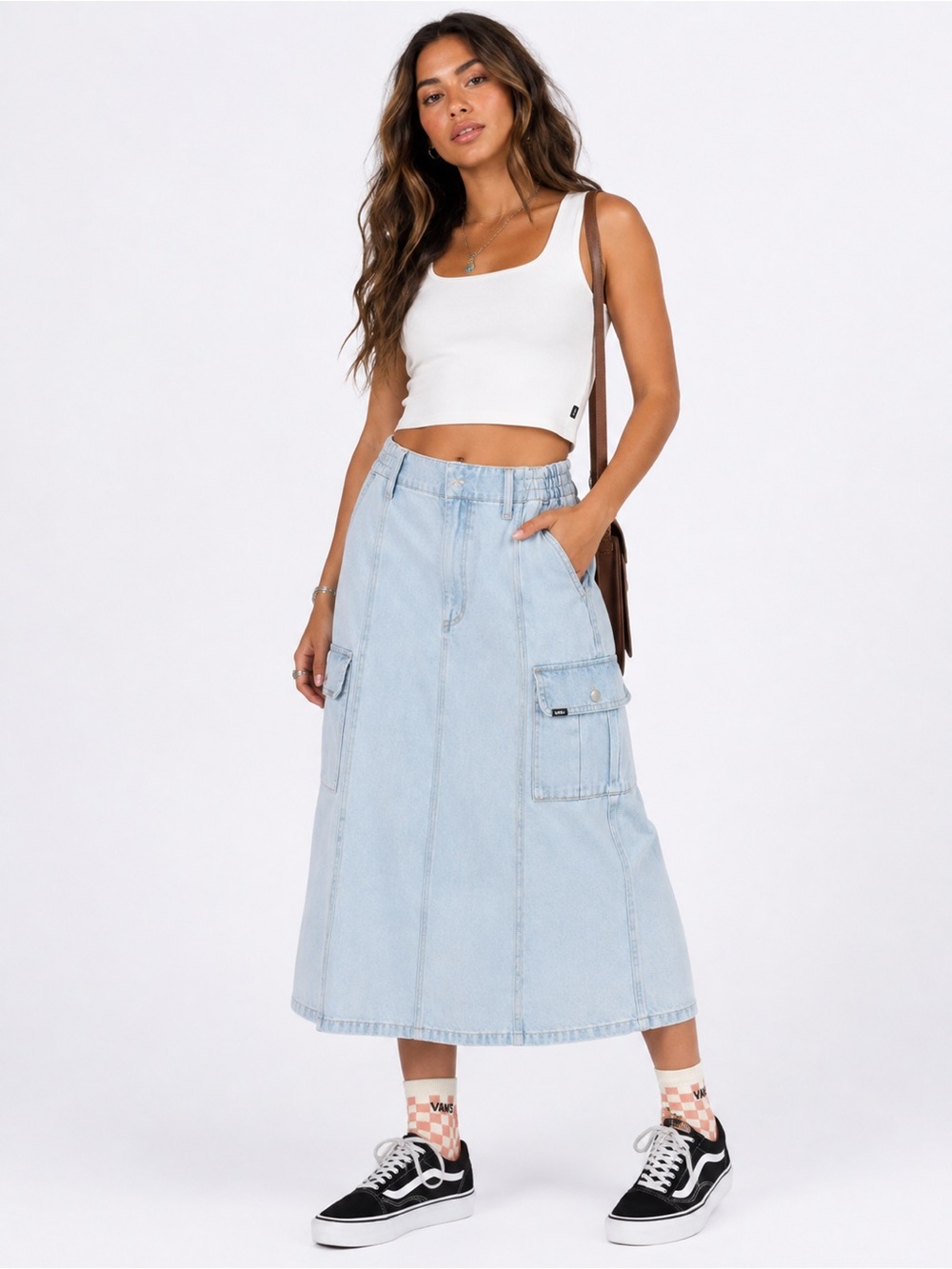 Vans Sidewalk Light Wash Denim Cargo Midi Skirt Utility Streetwear Size Medium